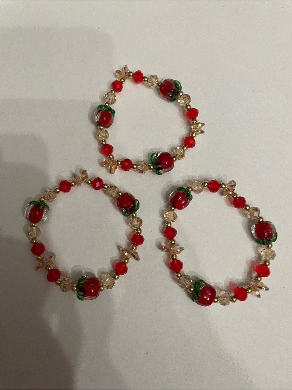 Handmade Red Apple 🍎 Glass Bead Stretch Bracelet set of 3